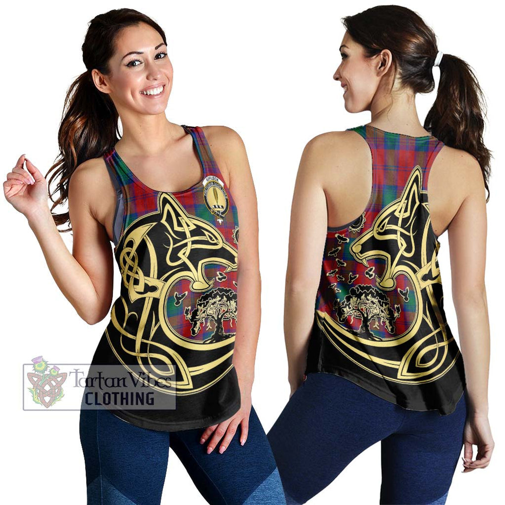 Affleck Tartan Women's Racerback Tanks with Family Crest Celtic Wolf Style 4XL - Tartan Vibes Clothing
