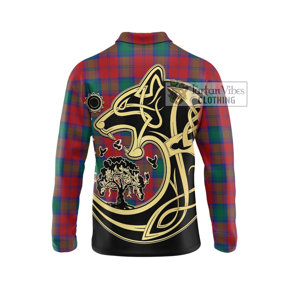 Affleck Tartan Long Sleeve Polo Shirt with Family Crest Celtic Wolf Style - Tartan Vibes Clothing