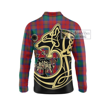 Affleck Tartan Long Sleeve Polo Shirt with Family Crest Celtic Wolf Style - Tartan Vibes Clothing