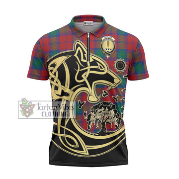 Affleck Tartan Zipper Polo Shirt with Family Crest Celtic Wolf Style - Tartan Vibes Clothing