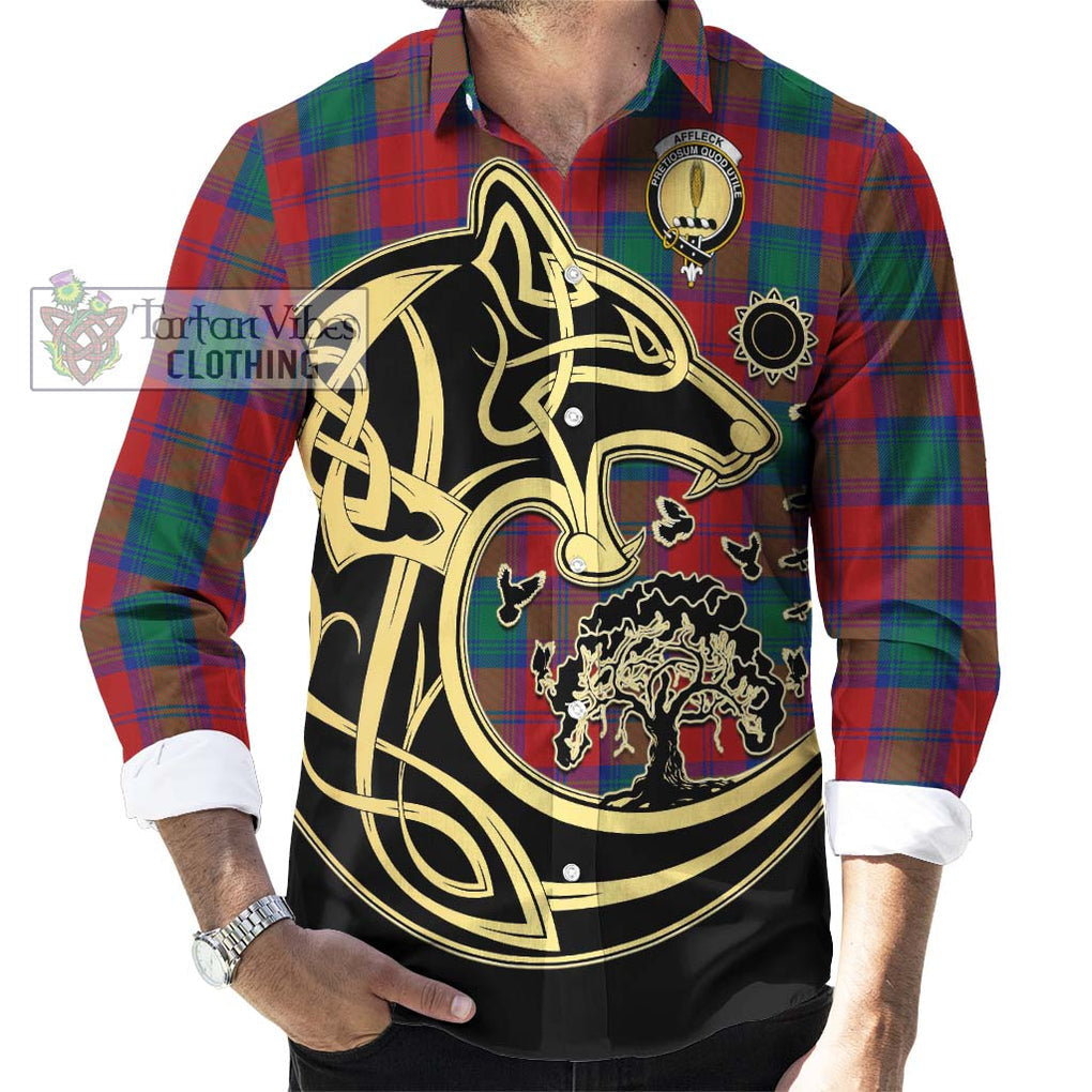 Affleck Tartan Long Sleeve Button Shirt with Family Crest Celtic Wolf Style - Tartan Vibes Clothing