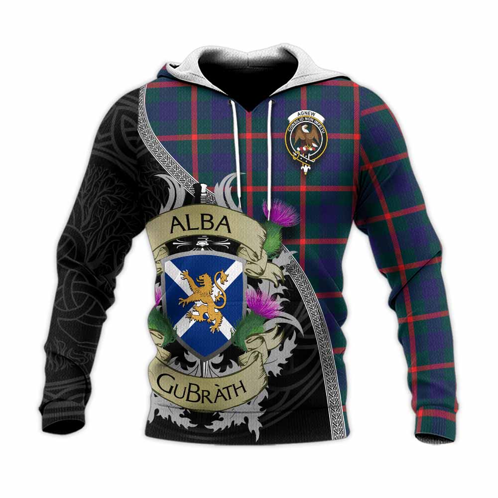 Tartan Vibes Clothing Agnew Tartan Family Crest Knitted Hoodie Lion Rampant Royal Thistle Shield Celtic Inspired