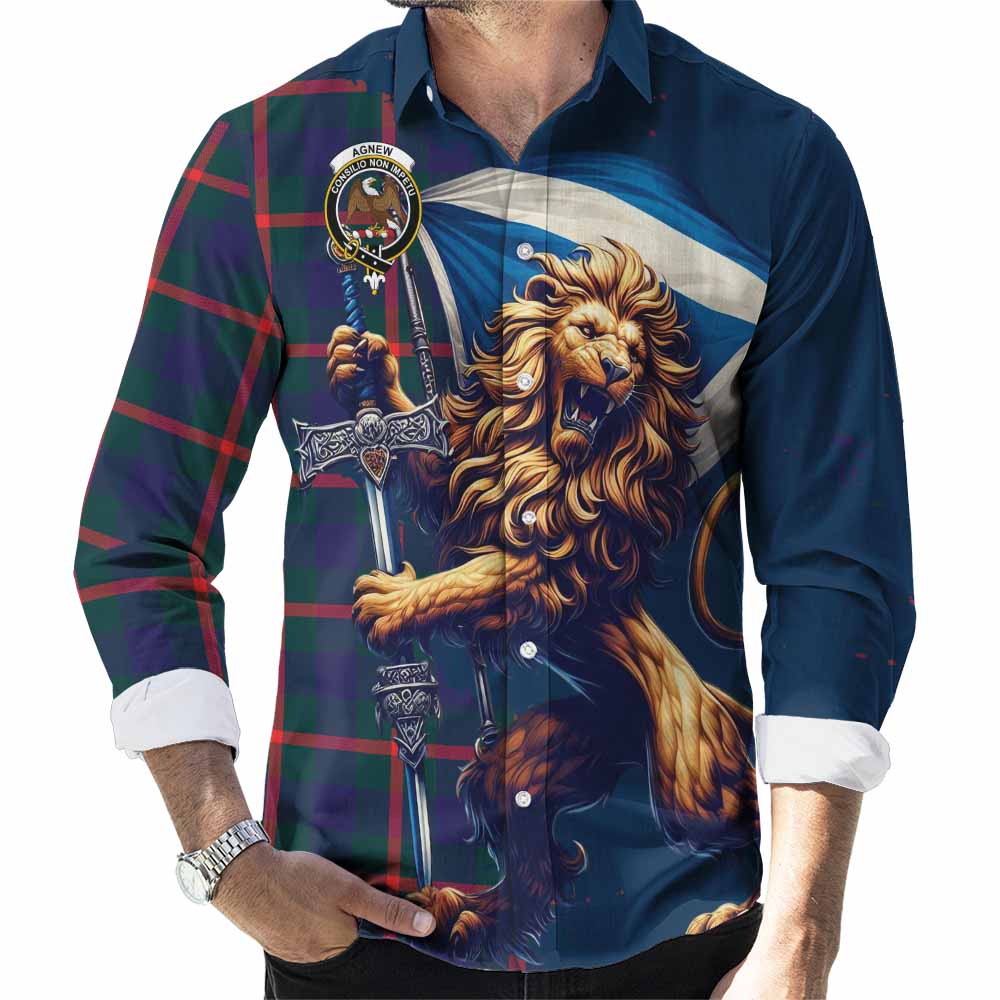 Tartan Vibes Clothing Agnew Tartan Family Crest Long Sleeve Button Shirt with Scottish Majestic Lion