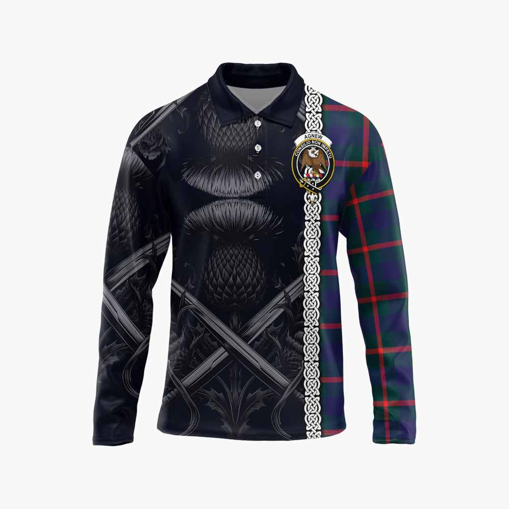 Tartan Vibes Clothing Agnew Tartan Long Sleeve Polo Shirt with Family Crest Cross Sword Thistle Celtic Vibes