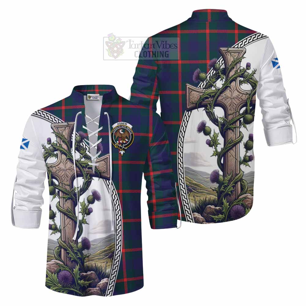 Tartan Vibes Clothing Agnew Tartan Ghillie Kilt Shirt with Family Crest and St. Andrew's Cross Accented by Thistle Vines