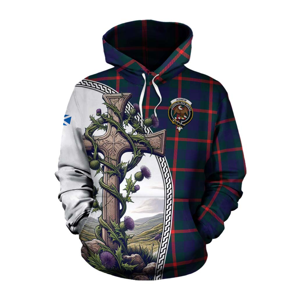 Tartan Vibes Clothing Agnew Tartan Cotton Hoodie with Family Crest and St. Andrew's Cross Accented by Thistle Vines