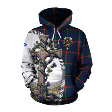 Tartan Vibes Clothing Agnew Tartan Cotton Hoodie with Family Crest and St. Andrew's Cross Accented by Thistle Vines
