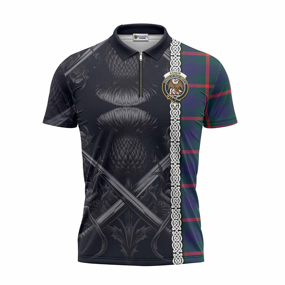 Tartan Vibes Clothing Agnew Tartan Zipper Polo Shirt with Family Crest Cross Sword Thistle Celtic Vibes