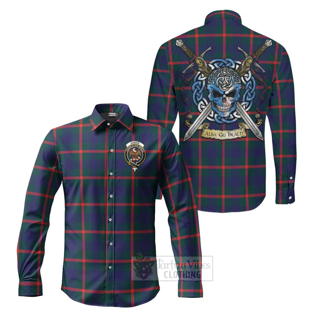 Tartan Vibes Clothing Agnew Tartan Long Sleeve Button Shirt with Family Crest Celtic Skull Style