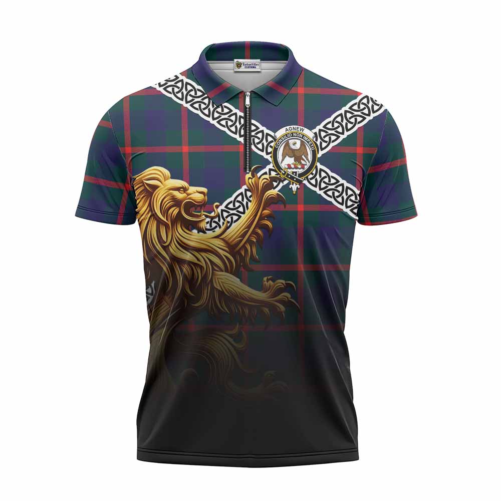 Tartan Vibes Clothing Agnew Crest Tartan Zipper Polo Shirt with Golden Lion Emblem Celtic Style
