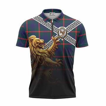 Agnew Crest Tartan Zipper Polo Shirt with Golden Lion Emblem Celtic Style