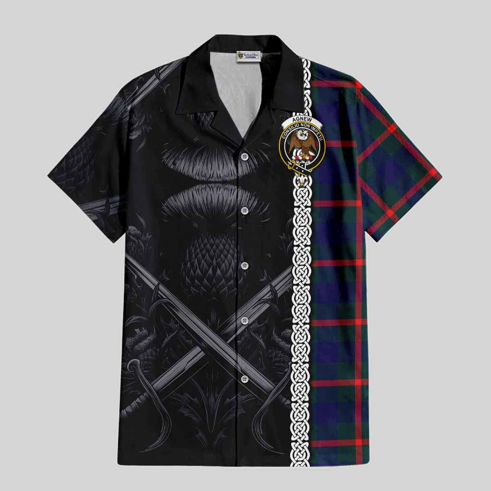 Tartan Vibes Clothing Agnew Tartan Short Sleeve Button Shirt with Family Crest Cross Sword Thistle Celtic Vibes