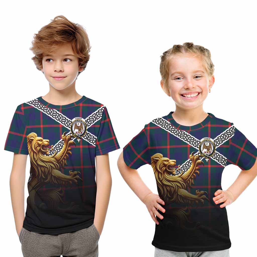 Tartan Vibes Clothing Agnew Crest Tartan Kid T-Shirt with Golden Lion Emblem Celtic Style