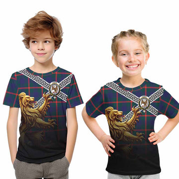 Tartan Vibes Clothing Agnew Crest Tartan Kid T-Shirt with Golden Lion Emblem Celtic Style