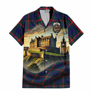 Tartan Vibes Clothing Agnew Tartan Family Crest Short Sleeve Button Shirt with Scottish Ancient Castle Style