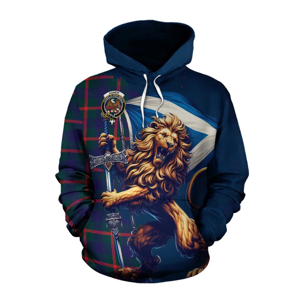 Tartan Vibes Clothing Agnew Tartan Family Crest Cotton Hoodie with Scottish Majestic Lion