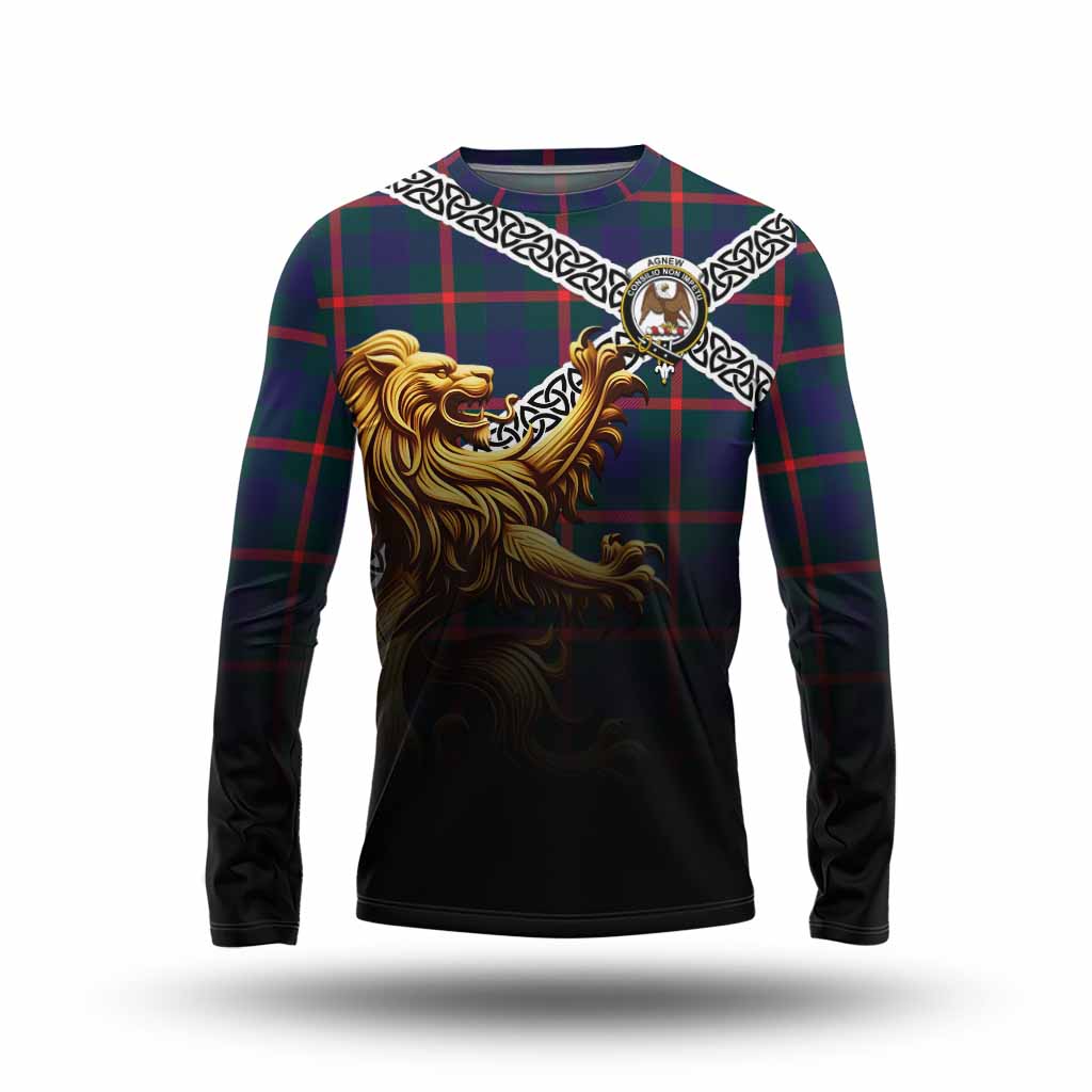 Tartan Vibes Clothing Agnew Crest Tartan Long Sleeve T-Shirt with Golden Lion Emblem Celtic Style