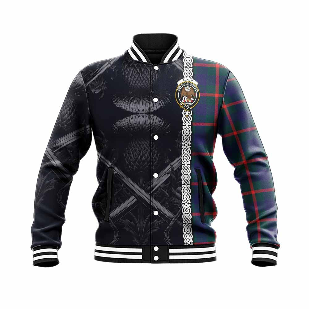 Tartan Vibes Clothing Agnew Tartan Baseball Jacket with Family Crest Cross Sword Thistle Celtic Vibes