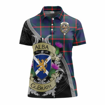 Agnew Tartan Family Crest Women's Polo Shirt Lion Rampant Royal Thistle Shield Celtic Inspired