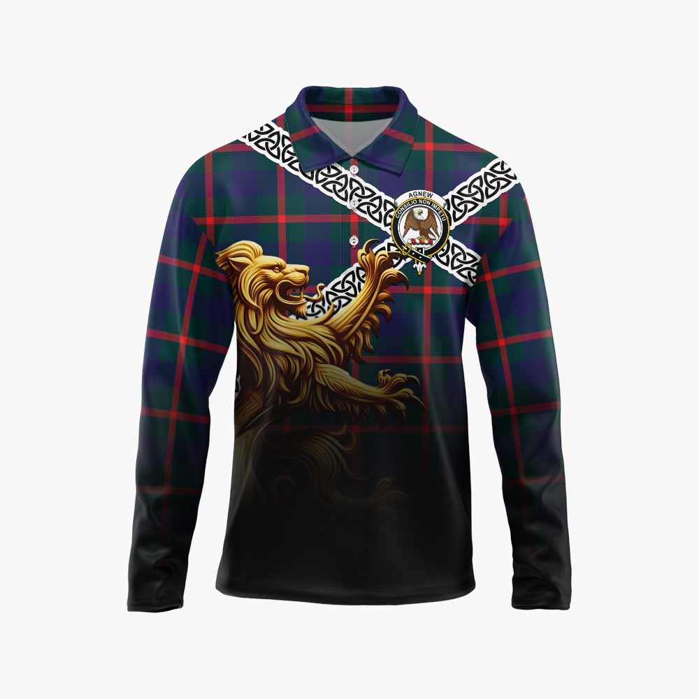 Tartan Vibes Clothing Agnew Crest Tartan Long Sleeve Polo Shirt with Golden Lion Emblem Celtic Style