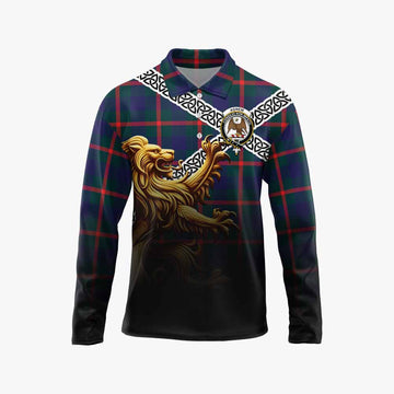 Agnew Crest Tartan Long Sleeve Polo Shirt with Golden Lion Emblem Celtic Style