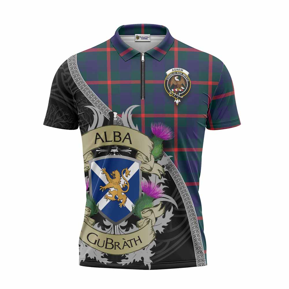 Tartan Vibes Clothing Agnew Tartan Family Crest Zipper Polo Shirt Lion Rampant Royal Thistle Shield Celtic Inspired