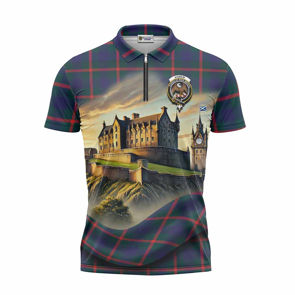 Tartan Vibes Clothing Agnew Tartan Family Crest Zipper Polo Shirt with Scottish Ancient Castle Stype