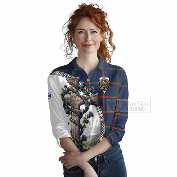 Tartan Vibes Clothing Agnew Tartan Women's Casual Shirt with Family Crest and St. Andrew's Cross Accented by Thistle Vines