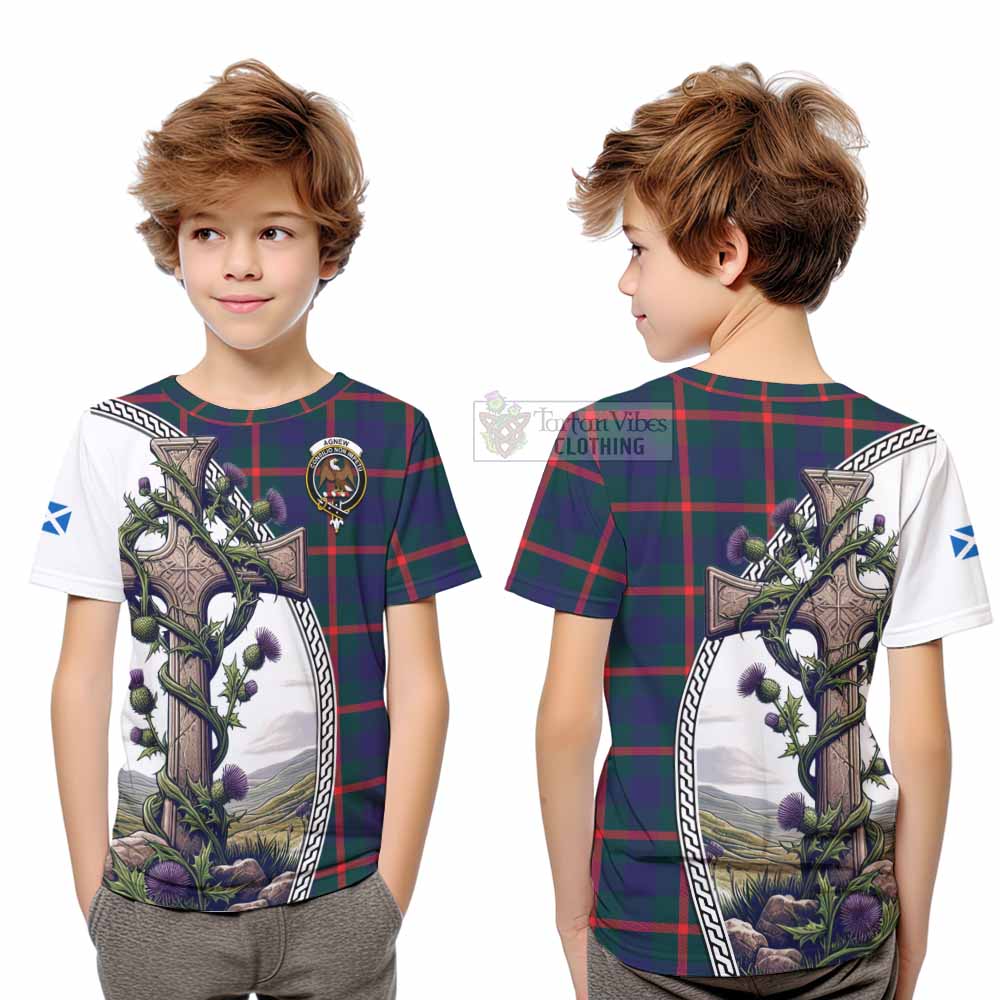 Tartan Vibes Clothing Agnew Tartan Kid T-Shirt with Family Crest and St. Andrew's Cross Accented by Thistle Vines