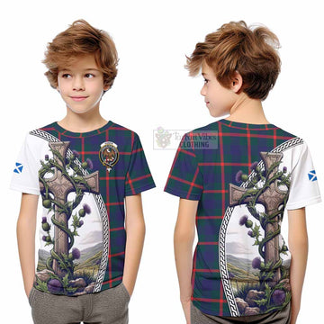 Tartan Vibes Clothing Agnew Tartan Kid T-Shirt with Family Crest and St. Andrew's Cross Accented by Thistle Vines
