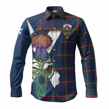Agnew Tartan Family Crest Long Sleeve Button Shirt Scottish Thistle Celtic Inspired