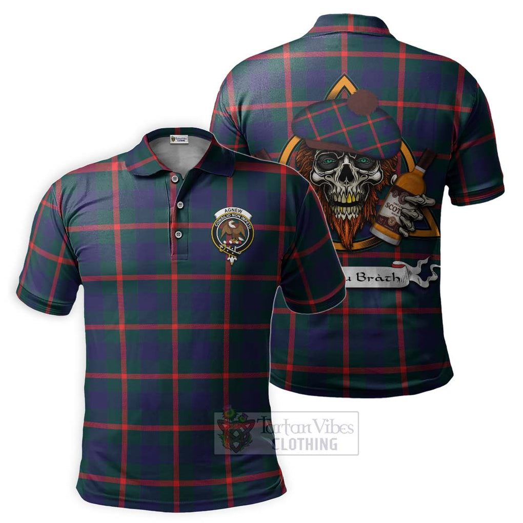 Tartan Vibes Clothing Agnew Tartan Polo Shirt with Family Crest and Bearded Skull Holding Bottles of Whiskey