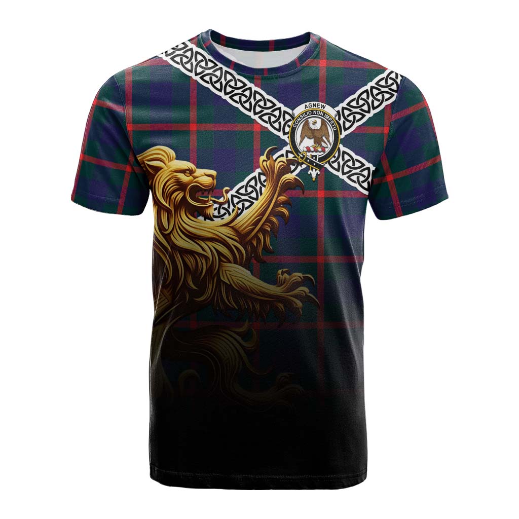 Tartan Vibes Clothing Agnew Crest Tartan Cotton T-shirt with Golden Lion Emblem Celtic Style