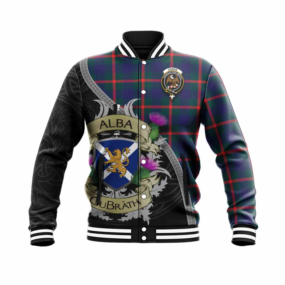 Tartan Vibes Clothing Agnew Tartan Family Crest Baseball Jacket Lion Rampant Royal Thistle Shield Celtic Inspired