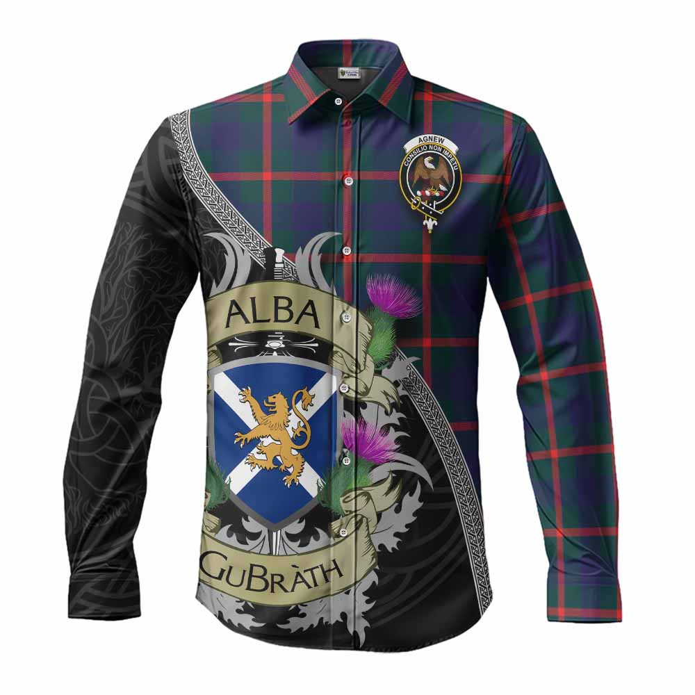 Tartan Vibes Clothing Agnew Tartan Family Crest Long Sleeve Button Shirt Lion Rampant Royal Thistle Shield Celtic Inspired