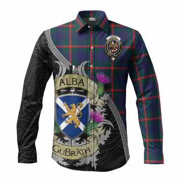 Agnew Tartan Family Crest Long Sleeve Button Shirt Lion Rampant Royal Thistle Shield Celtic Inspired