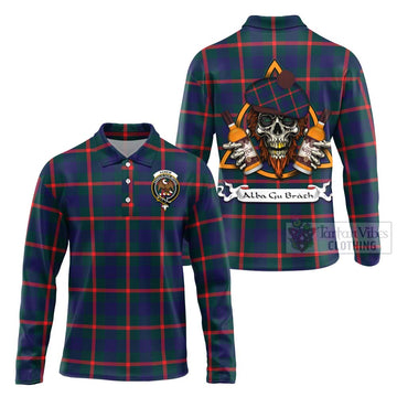 Tartan Vibes Clothing Agnew Tartan Long Sleeve Polo Shirt with Family Crest and Bearded Skull Holding Bottles of Whiskey