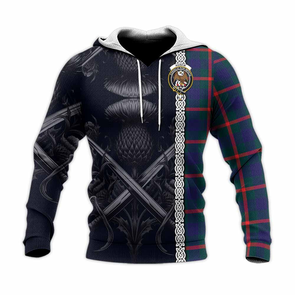 Tartan Vibes Clothing Agnew Tartan Knitted Hoodie with Family Crest Cross Sword Thistle Celtic Vibes