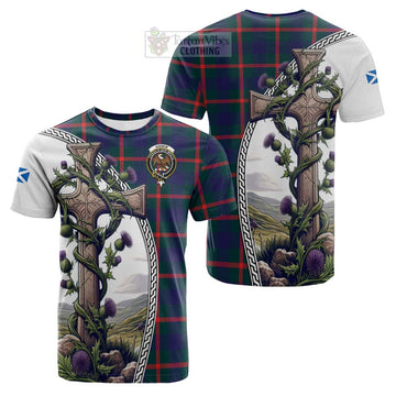 Tartan Vibes Clothing Agnew Tartan Cotton T-shirt with Family Crest and St. Andrew's Cross Accented by Thistle Vines