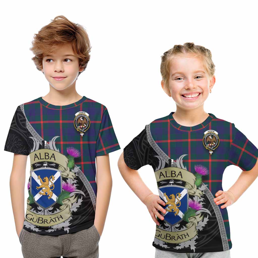 Tartan Vibes Clothing Agnew Tartan Family Crest Kid T-Shirt Lion Rampant Royal Thistle Shield Celtic Inspired