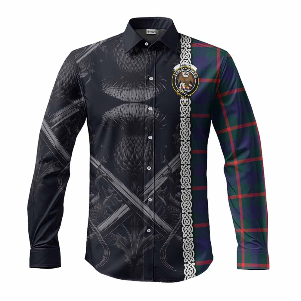 Tartan Vibes Clothing Agnew Tartan Long Sleeve Button Shirt with Family Crest Cross Sword Thistle Celtic Vibes