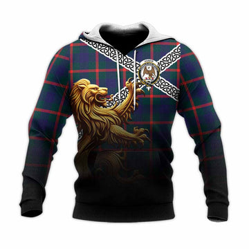 Agnew Crest Tartan Knitted Hoodie with Golden Lion Emblem Celtic Style