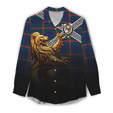 Agnew Crest Tartan Women's Casual Shirt with Golden Lion Emblem Celtic Style
