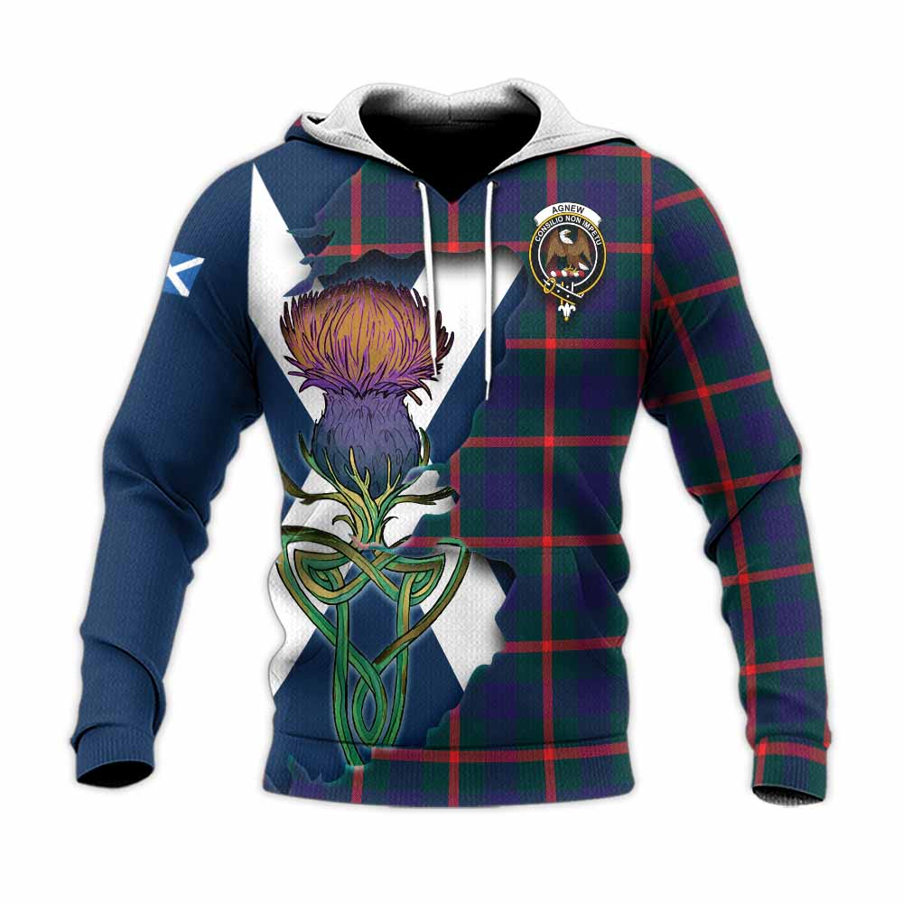 Tartan Vibes Clothing Agnew Tartan Family Crest Knitted Hoodie Scottish Thistle Celtic Inspired