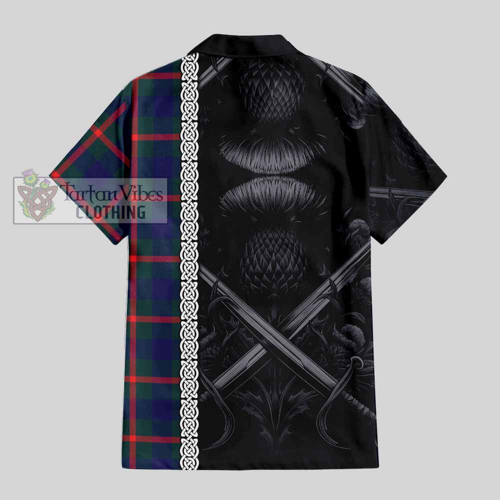 Tartan Vibes Clothing Agnew Tartan Short Sleeve Button Shirt with Family Crest Cross Sword Thistle Celtic Vibes