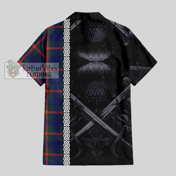 Tartan Vibes Clothing Agnew Tartan Short Sleeve Button Shirt with Family Crest Cross Sword Thistle Celtic Vibes