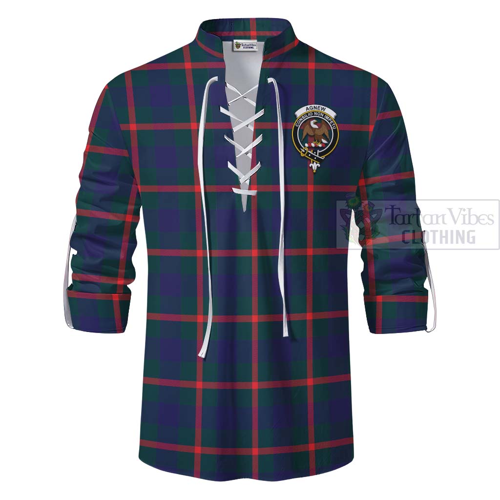 Tartan Vibes Clothing Agnew Tartan Ghillie Kilt Shirt with Family Crest and Bearded Skull Holding Bottles of Whiskey