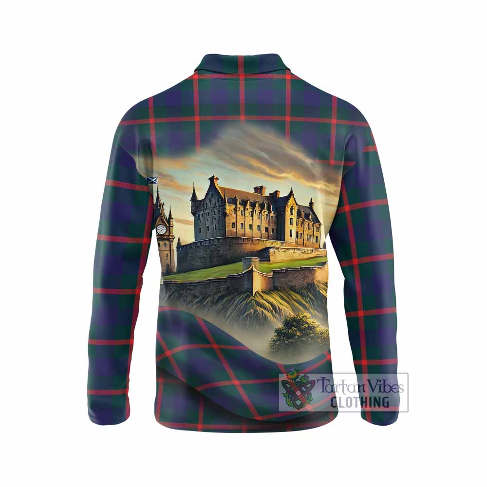 Tartan Vibes Clothing Agnew Tartan Family Crest Long Sleeve Polo Shirt with Scottish Ancient Castle Style
