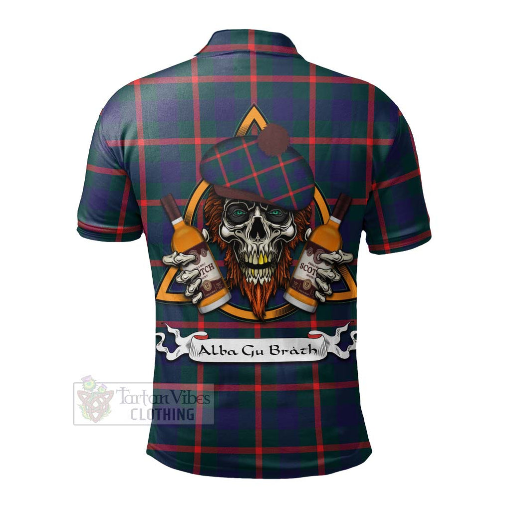 Tartan Vibes Clothing Agnew Tartan Polo Shirt with Family Crest and Bearded Skull Holding Bottles of Whiskey