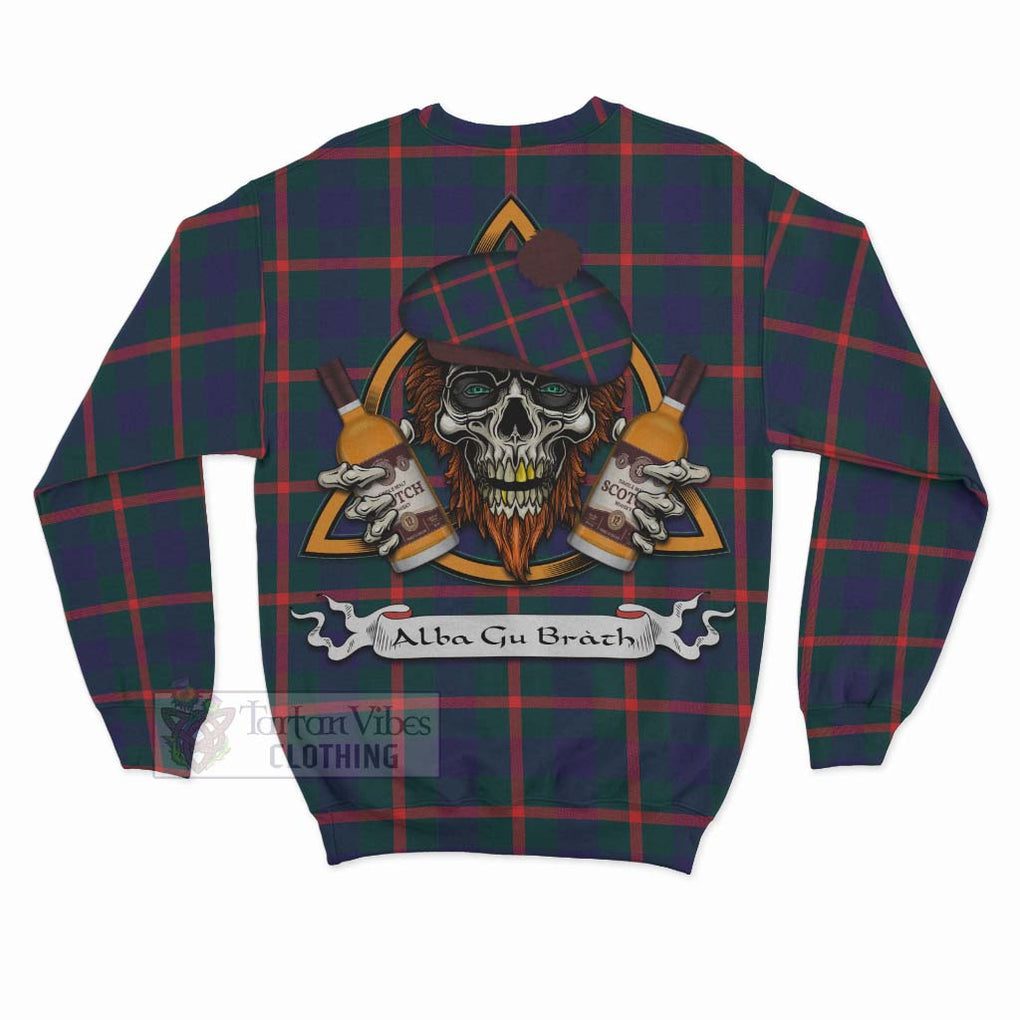 Tartan Vibes Clothing Agnew Tartan Sweatshirt with Family Crest and Bearded Skull Holding Bottles of Whiskey